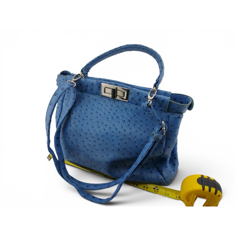 Blue Satchel Crossbody Handbag Silver Hardware Ostrich-Embossed Faux Leather